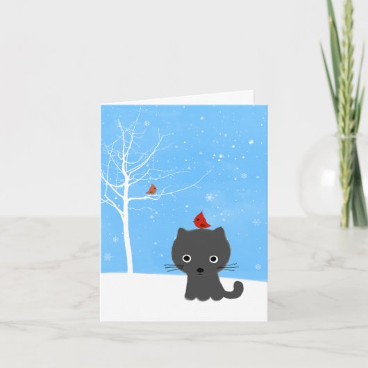 Cute Kitty Cat & Little Red Birds White Kerstmis Feestdagen Kaart (Voorkant)