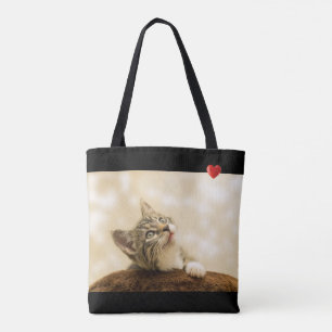 Cute Kitty Cat met hart op zwart Tote Bag