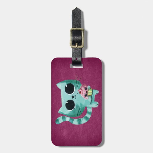 Cute Kitty Cat met Kawaii Cupcake Bagagelabel (Voorkant verticaal)