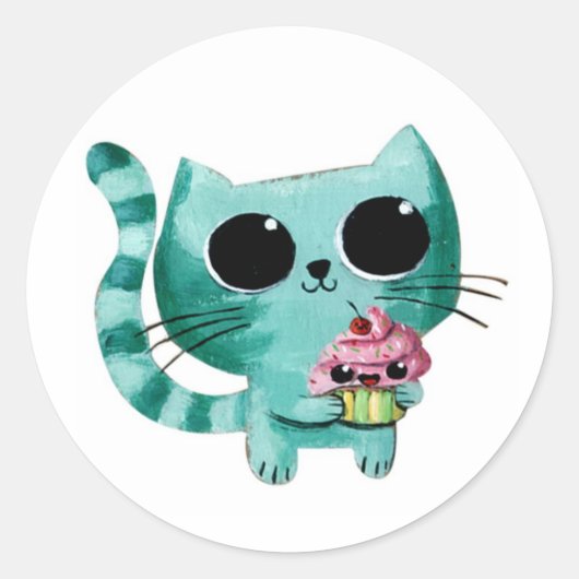 Cute Kitty Cat met Kawaii Cupcake Ronde Sticker (Voorkant)