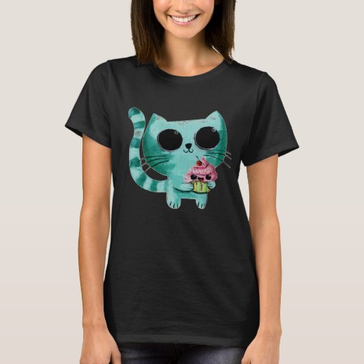 Cute Kitty Cat met Kawaii Cupcake T-shirt (Voorkant)