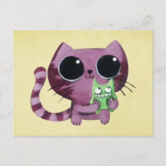 Cute Kitty Cat met Little Green Monster Briefkaart (Voorkant)
