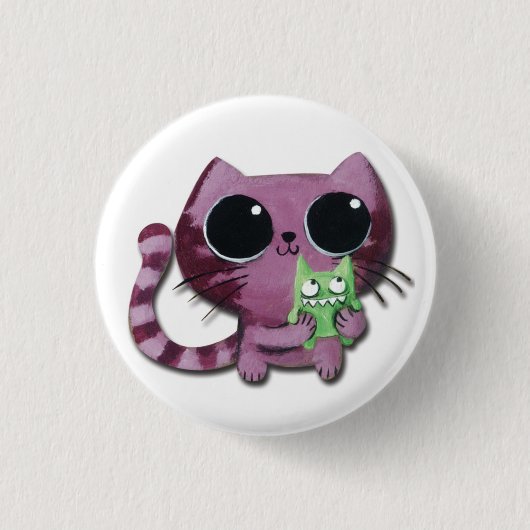 Cute Kitty Cat met Little Green Monster Ronde Button 3,2 Cm (Voorkant)