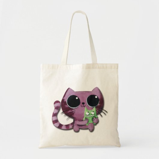 Cute Kitty Cat met Little Green Monster Tote Bag (Voorkant)
