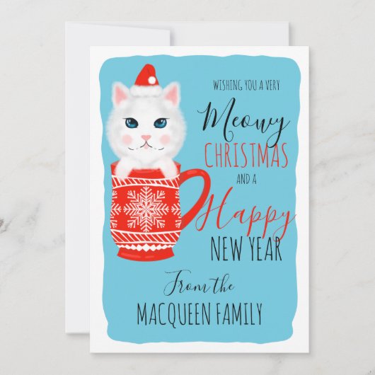 Cute Kitty Cat Mok Meowy KerstHappy Nieuwjaar Feestdagenkaart (Voorkant)