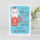 Cute Kitty Cat Mok Meowy KerstHappy Nieuwjaar Feestdagenkaart (Staand voorkant)