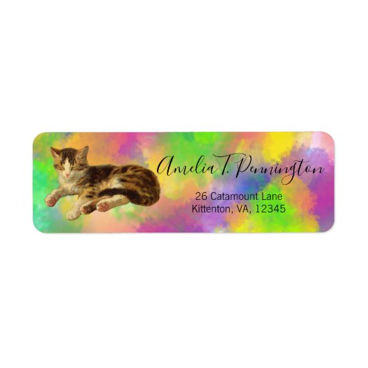 Cute  Kitty Cat Nap Abstracte regenboogkunst Etiket (Voorkant)