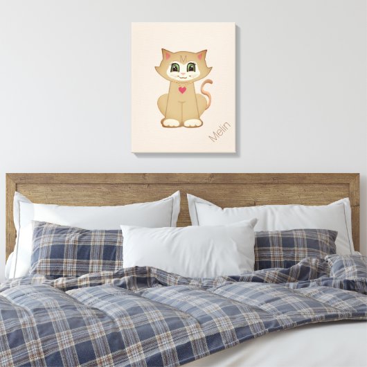 Cute Kitty Cat op Beige Canvas Afdruk (Insitu (Slaapkamer))