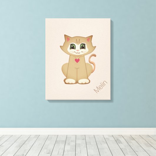 Cute Kitty Cat op Beige Canvas Afdruk (Insitu (Houten vloer))