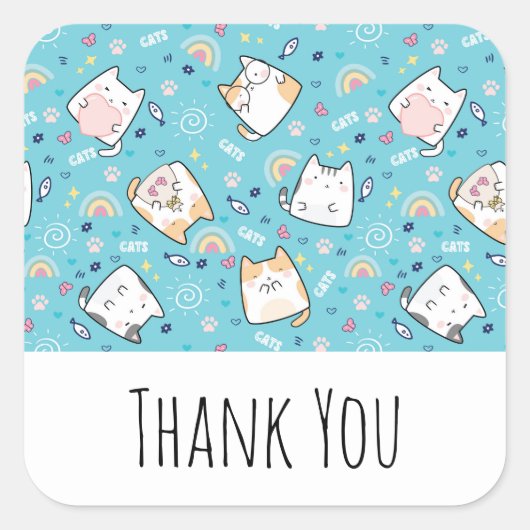 Cute Kitty Cat Pattern Fantastisch Hartelijk dank Vierkante Sticker (Voorkant)
