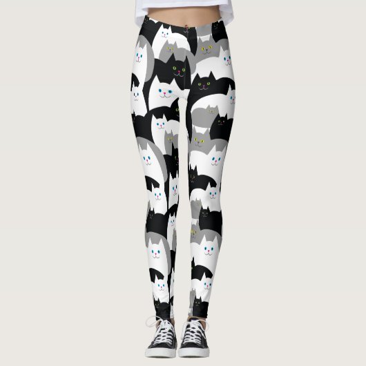Cute Kitty Cat Pattern in Black, White en Grey Le Leggings (Voorkant)