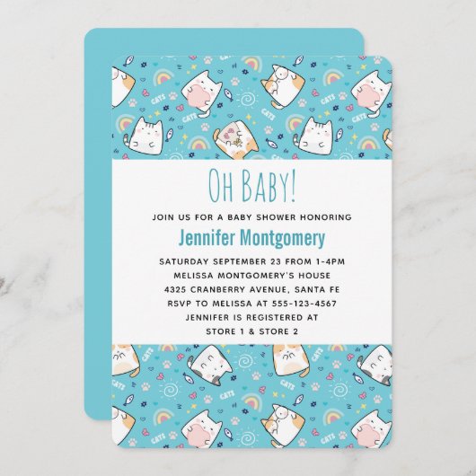 Cute Kitty Cat Pattern Whimsical Baby shower Kaart (Voorkant / Achterkant)