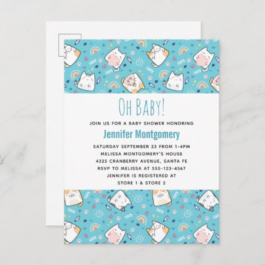 Cute Kitty Cat Pattern Whimsical Baby shower Uitnodiging Briefkaart (Voorkant / Achterkant)
