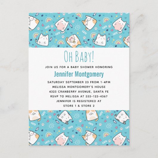 Cute Kitty Cat Pattern Whimsical Baby shower Uitnodiging Briefkaart (Voorkant)