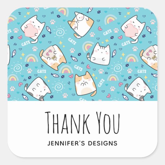 Cute Kitty Cat Pattern Whimsical Business Vierkante Sticker (Voorkant)
