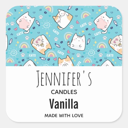 Cute Kitty Cat Pattern Whimsical Candle Business Vierkante Sticker (Voorkant)