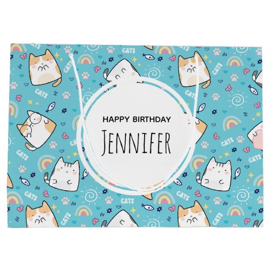 Cute Kitty Cat Pattern Whimsical Dag Groot Cadeauzakje (Achterkant)