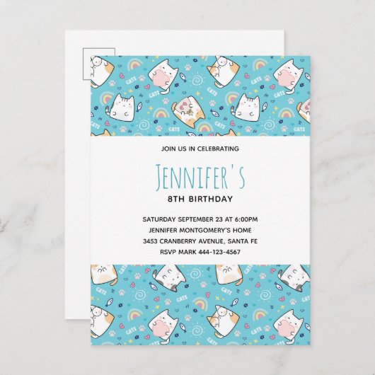 Cute Kitty Cat Pattern Whimsical Dag Uitnodiging Briefkaart (Voorkant / Achterkant)