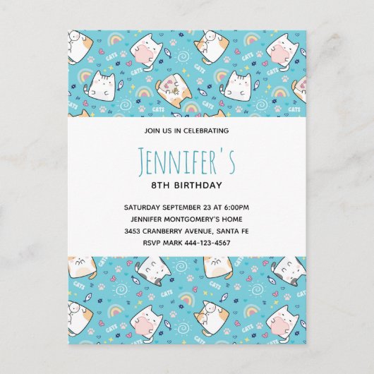 Cute Kitty Cat Pattern Whimsical Dag Uitnodiging Briefkaart (Voorkant)