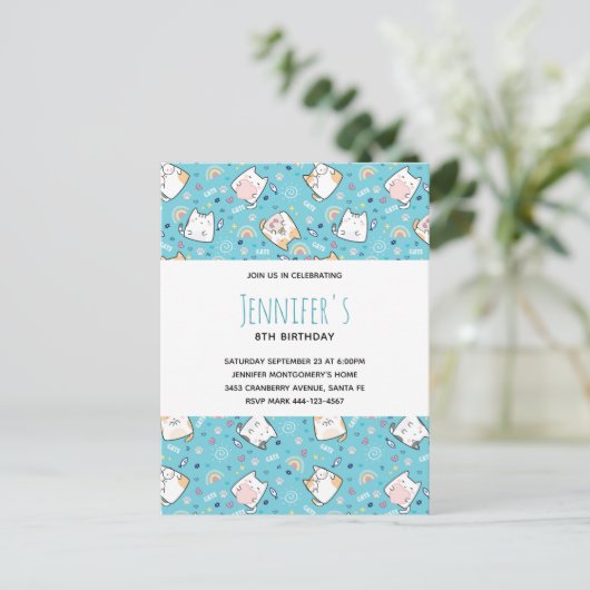 Cute Kitty Cat Pattern Whimsical Dag Uitnodiging Briefkaart (Staand voorkant)