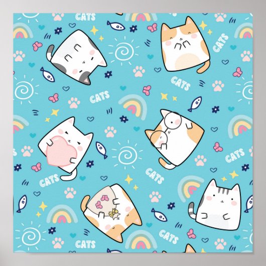 Cute Kitty Cat Pattern Whimsical Poster (Voorkant)