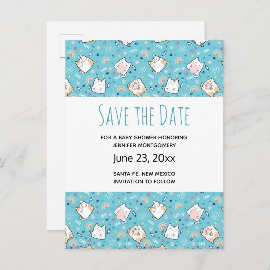 Cute Kitty Cat Pattern Whimsical Save the Date Uitnodiging Briefkaart (Voorkant / Achterkant)