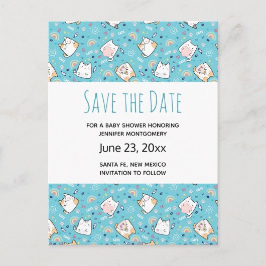 Cute Kitty Cat Pattern Whimsical Save the Date Uitnodiging Briefkaart (Voorkant)