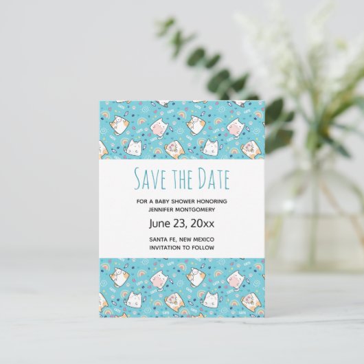 Cute Kitty Cat Pattern Whimsical Save the Date Uitnodiging Briefkaart (Staand voorkant)