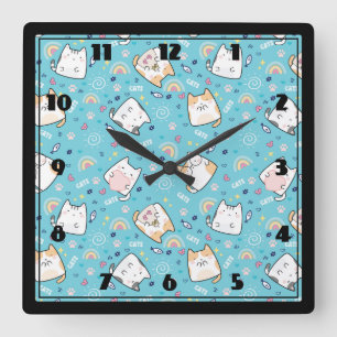 Cute Kitty Cat Pattern Whimsical Vierkante Klok