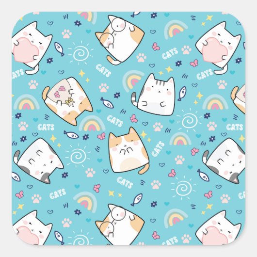 Cute Kitty Cat Pattern Whimsical Vierkante Sticker (Voorkant)