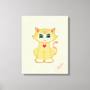 Cute Kitty Cat & Paw Pattern op Koral Canvas Afdruk