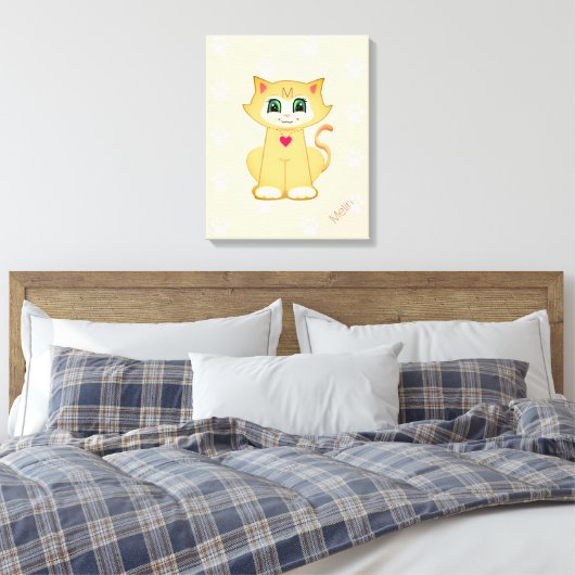 Cute Kitty Cat & Paw Pattern op Koral Canvas Afdruk (Insitu (Slaapkamer))