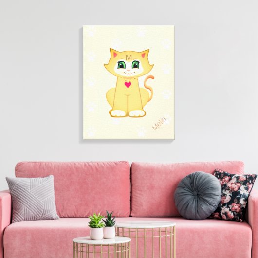 Cute Kitty Cat & Paw Pattern op Koral Canvas Afdruk (Insitu (Woonkamer))