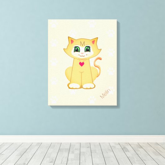 Cute Kitty Cat & Paw Pattern op Koral Canvas Afdruk (Insitu (Houten vloer))