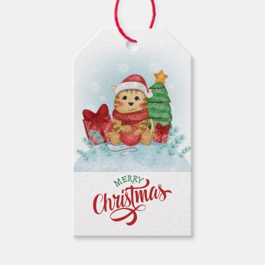 Cute Kitty Cat Santa Hat Kerstmis Cadeaulabel (Voorkant)