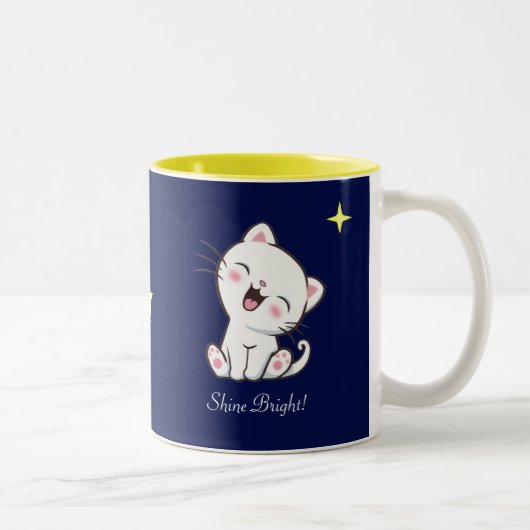 Cute Kitty Cat & Star op blauw Tweekleurige Koffiemok (Rechts)