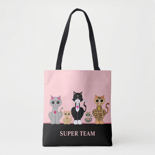 Cute Kitty Cat Team en kalligrafie op zwart-roze Tote Bag (Voorkant)