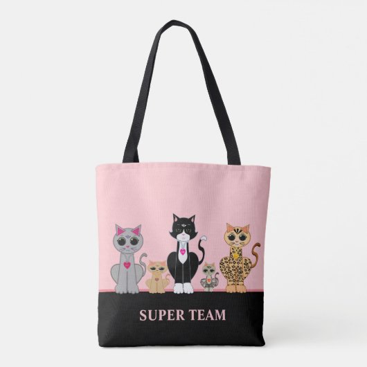 Cute Kitty Cat Team en kalligrafie op zwart-roze Tote Bag (Achterkant)