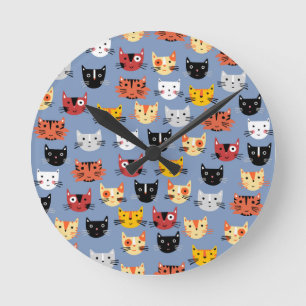 Cute Kitty Cats Fun Pattern Blue Ronde Klok