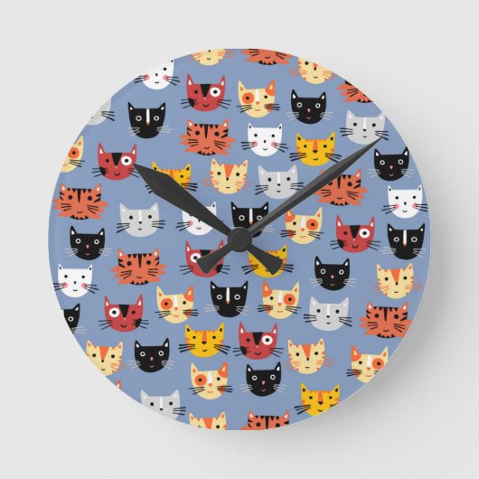 Cute Kitty Cats Fun Pattern Blue Ronde Klok (Voorkant)