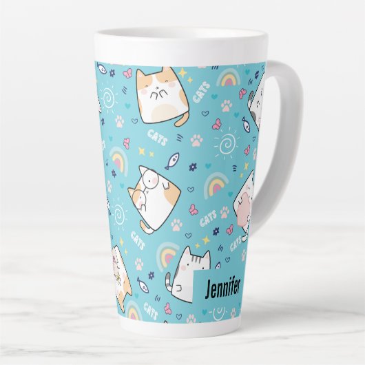 Cute Kitty Cats Whimsical Patroon Latte Mok (Rechterhoek)