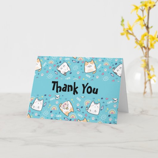 Cute Kitty Cats Whimsical Pattern Hartelijk dank Kaart (Gele Bloem)