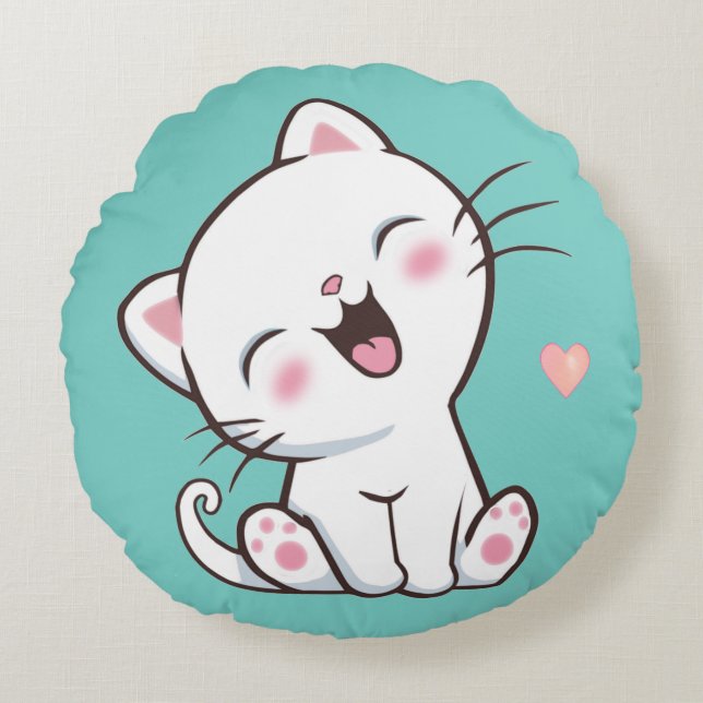 Cute Kitty Kat op Licht Teal Rond Kussen (Voorkant)