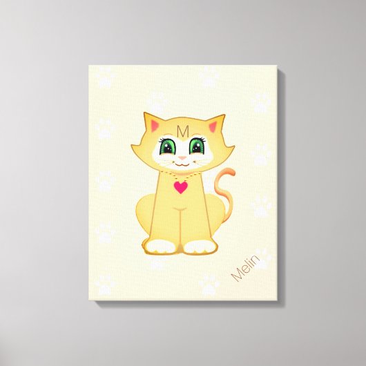 Cute Kitty Kat & Poot Patroon op Koraal Canvas Afdruk (Voorkant)