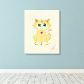 Cute Kitty Kat & Poot Patroon op Koraal Canvas Afdruk (Insitu (Houten vloer))