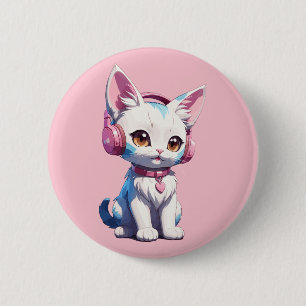 Cute Kitty met Hoofdtelefoon Magie Ronde Button 5,7 Cm