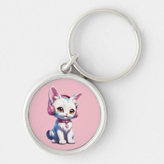 Cute Kitty met koptelefoon Magie Sleutelhanger (Voorkant)