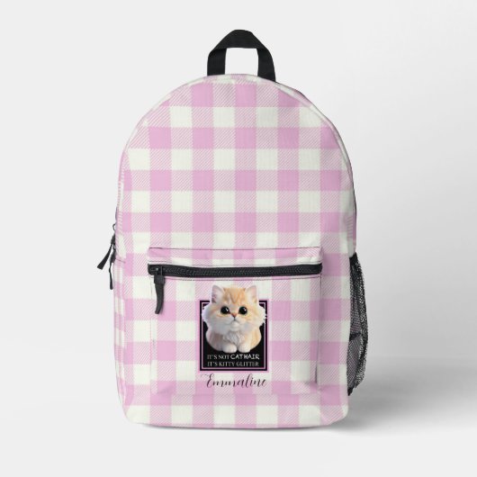 Cute kitty roze witte ruit personaliseer bedrukte rugzak (Voorkant)