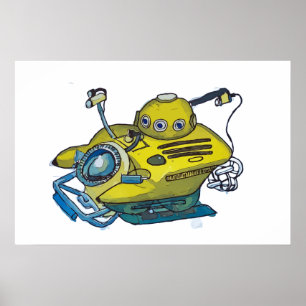 Cute kleine gele onderzeeër in blauwe water poster