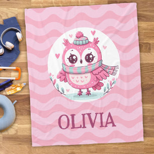 Cute Kleine Roze Uil met Sjaal en Mutse Fleece Deken